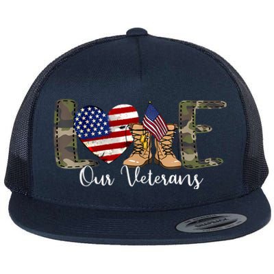 Love Our Veterans Day Proud Military American Flag Flat Bill Trucker Hat