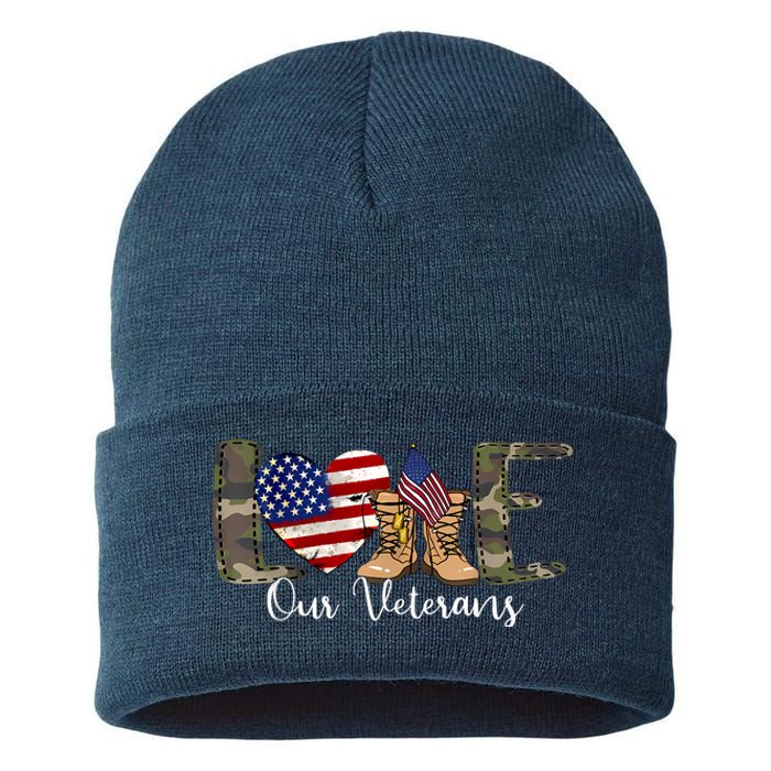 Love Our Veterans Day Proud Military American Flag Sustainable Knit Beanie