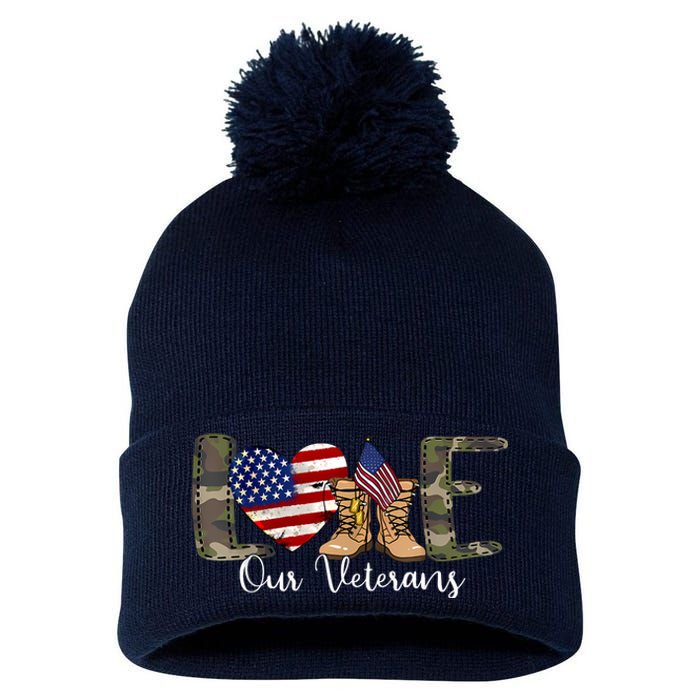 Love Our Veterans Day Proud Military American Flag Pom Pom 12in Knit Beanie