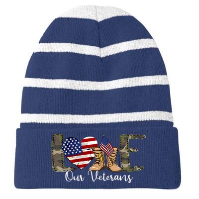 Love Our Veterans Day Proud Military American Flag Striped Beanie with Solid Band