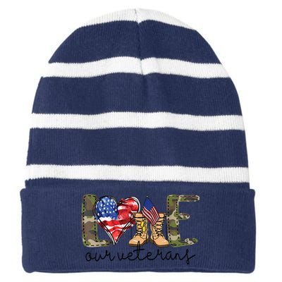 Love Our Veterans Striped Beanie with Solid Band