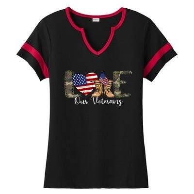 Love Our Veterans Day Proud Military American Flag Ladies Halftime Notch Neck Tee