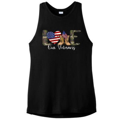 Love Our Veterans Day Proud Military American Flag Ladies PosiCharge Tri-Blend Wicking Tank