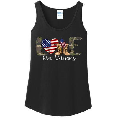 Love Our Veterans Day Proud Military American Flag Ladies Essential Tank