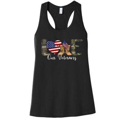 Love Our Veterans Day Proud Military American Flag Women's Racerback Tank