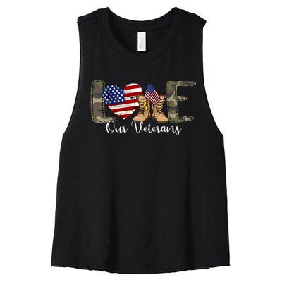 Love Our Veterans Day Proud Military American Flag Women's Racerback Cropped Tank