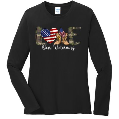 Love Our Veterans Day Proud Military American Flag Ladies Long Sleeve Shirt