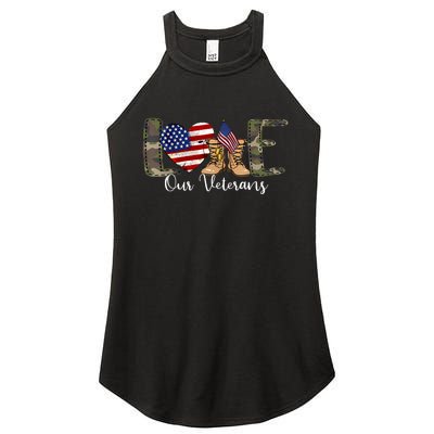 Love Our Veterans Day Proud Military American Flag Women's Perfect Tri Rocker Tank