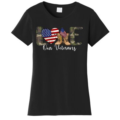 Love Our Veterans Day Proud Military American Flag Women's T-Shirt