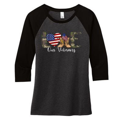 Love Our Veterans Day Proud Military American Flag Women's Tri-Blend 3/4-Sleeve Raglan Shirt