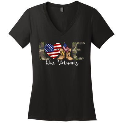 Love Our Veterans Day Proud Military American Flag Women's V-Neck T-Shirt