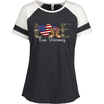 Love Our Veterans Day Proud Military American Flag Enza Ladies Jersey Colorblock Tee