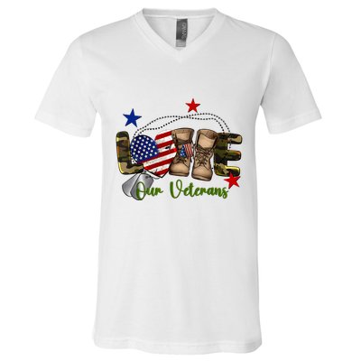 Love Our Veterans Day Proud Military American Flag V-Neck T-Shirt