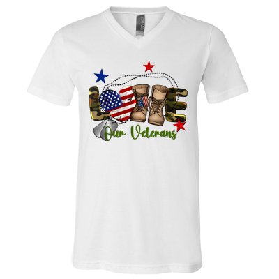 Love Our Veterans Day Proud Military American Flag V-Neck T-Shirt