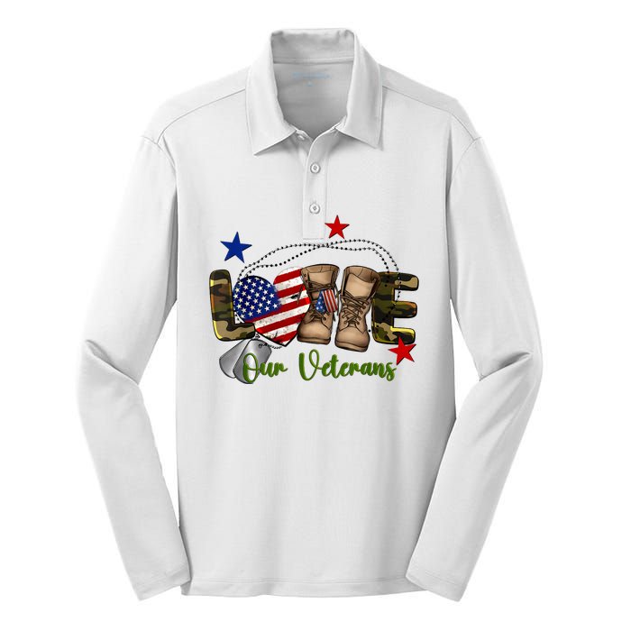 Love Our Veterans Day Proud Military American Flag Silk Touch Performance Long Sleeve Polo