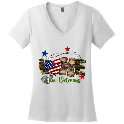 Love Our Veterans Day Proud Military American Flag Women's V-Neck T-Shirt