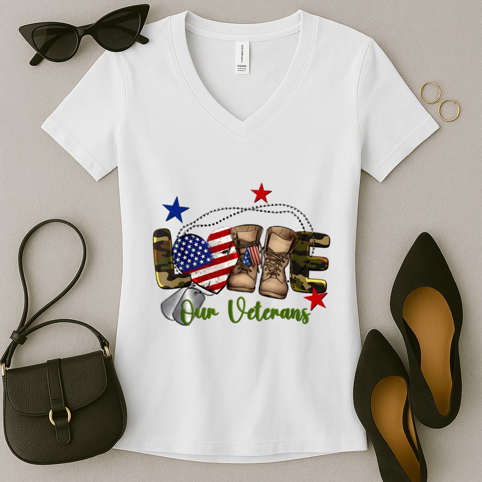 Love Our Veterans Day Proud Military American Flag Women's V-Neck T-Shirt