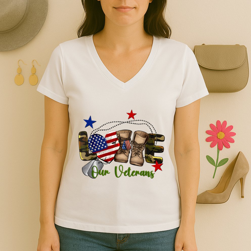 Love Our Veterans Day Proud Military American Flag Women's V-Neck T-Shirt