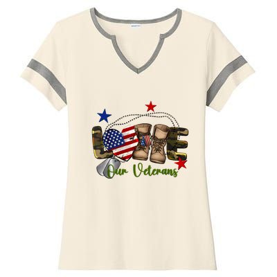 Love Our Veterans Day Proud Military American Flag Ladies Halftime Notch Neck Tee