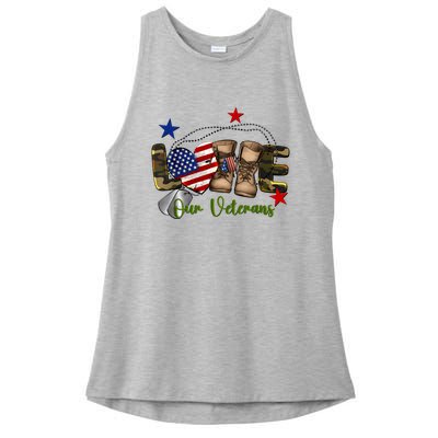 Love Our Veterans Day Proud Military American Flag Ladies PosiCharge Tri-Blend Wicking Tank