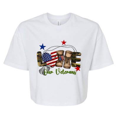 Love Our Veterans Day Proud Military American Flag Bella+Canvas Jersey Crop Tee