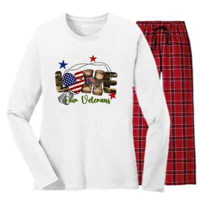 Love Our Veterans Day Proud Military American Flag Women's Long Sleeve Flannel Pajama Set 