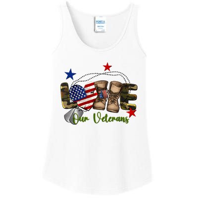 Love Our Veterans Day Proud Military American Flag Ladies Essential Tank