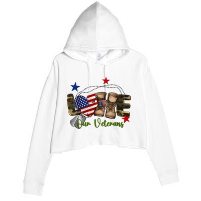 Love Our Veterans Day Proud Military American Flag Crop Fleece Hoodie