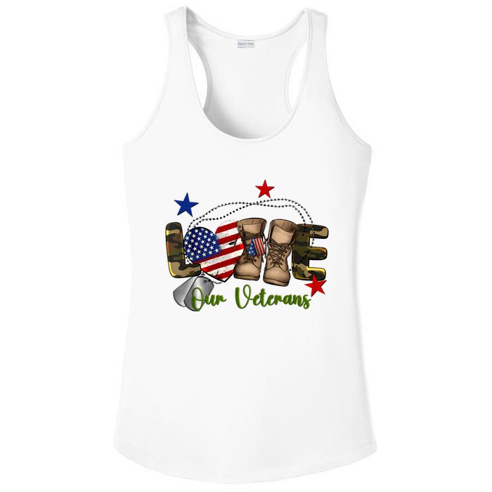 Love Our Veterans Day Proud Military American Flag Ladies PosiCharge Competitor Racerback Tank