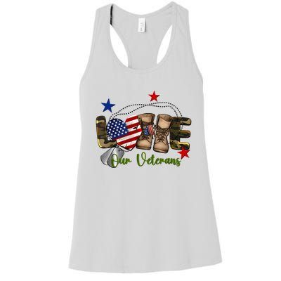 Love Our Veterans Day Proud Military American Flag Women's Racerback Tank