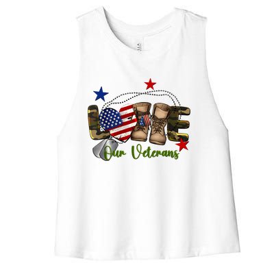 Love Our Veterans Day Proud Military American Flag Women's Racerback Cropped Tank