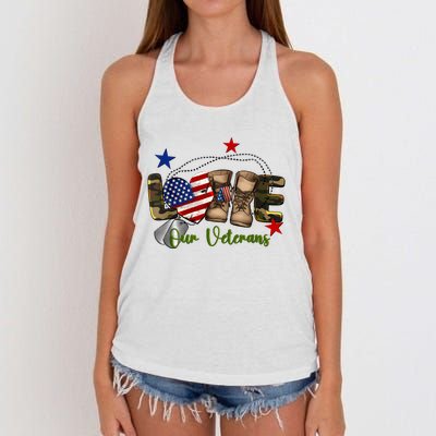 Love Our Veterans Day Proud Military American Flag Women's Knotted Racerback Tank