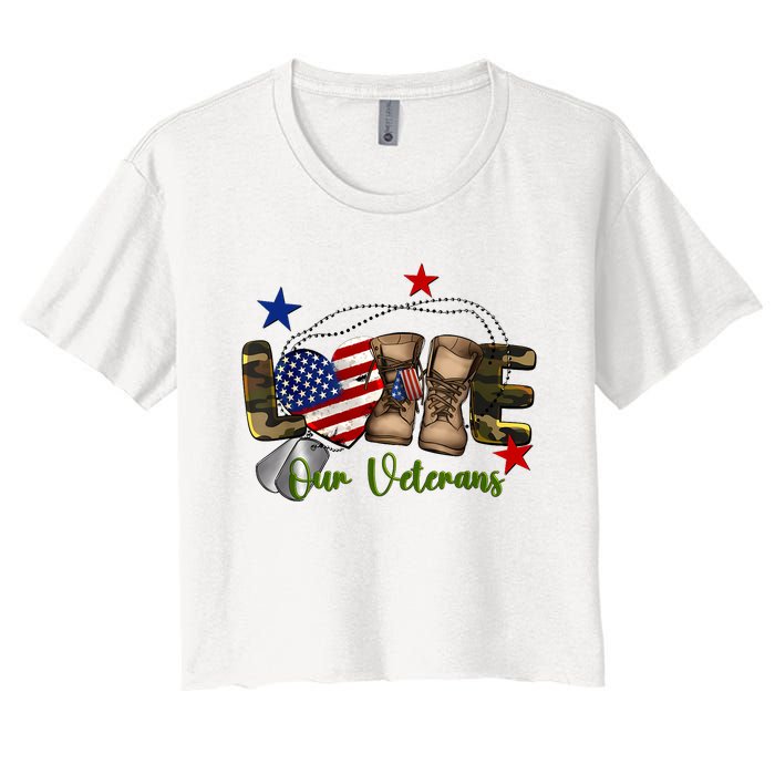 Love Our Veterans Day Proud Military American Flag Women's Crop Top Tee