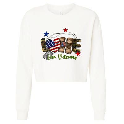 Love Our Veterans Day Proud Military American Flag Cropped Pullover Crew