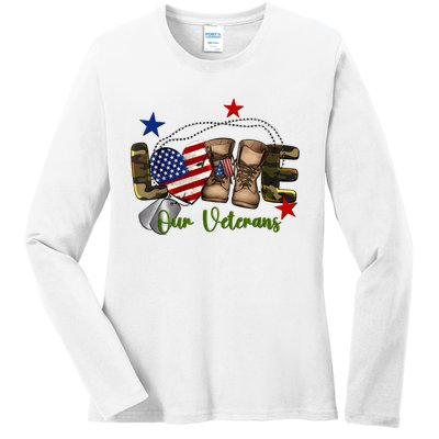 Love Our Veterans Day Proud Military American Flag Ladies Long Sleeve Shirt