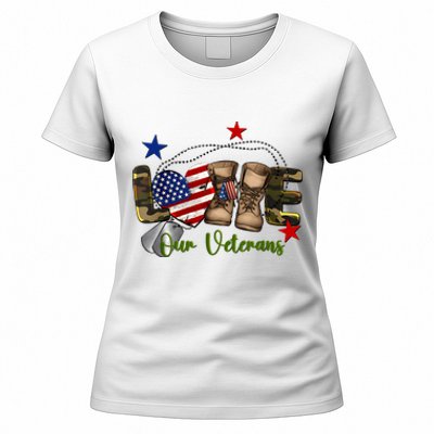 Love Our Veterans Day Proud Military American Flag Women's T-Shirt