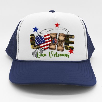 Love Our Veterans Day Proud Military American Flag Gift Trucker Hat