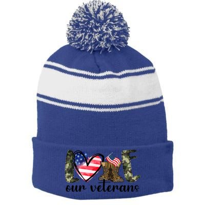 Love Our Veterans Gift American Flag Veterans Day Military Gift Stripe Pom Pom Beanie