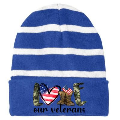 Love Our Veterans Gift American Flag Veterans Day Military Gift Striped Beanie with Solid Band