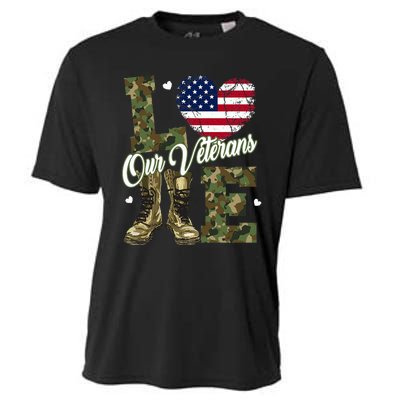 Love Our Veterans Heart USA Flag Camouflage Army Boots Proud Cooling Performance Crew T-Shirt