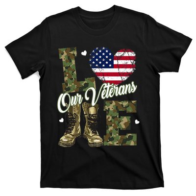 Love Our Veterans Heart USA Flag Camouflage Army Boots Proud T-Shirt