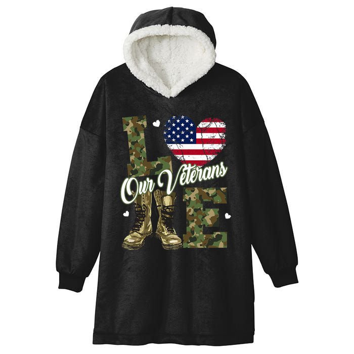 Love Our Veterans Heart USA Flag Camouflage Army Boots Proud Hooded Wearable Blanket