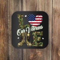 Love Our Veterans Heart USA Flag Camouflage Army Boots Proud Coaster