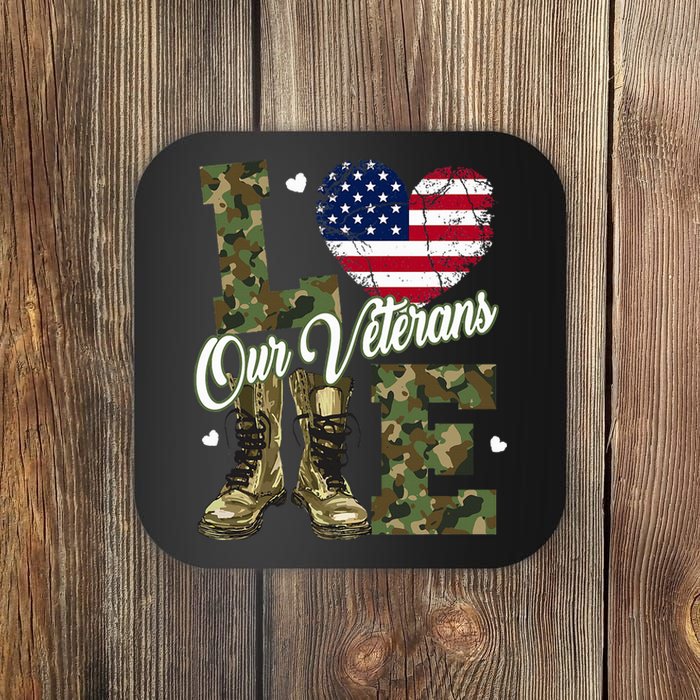 Love Our Veterans Heart USA Flag Camouflage Army Boots Proud Coaster