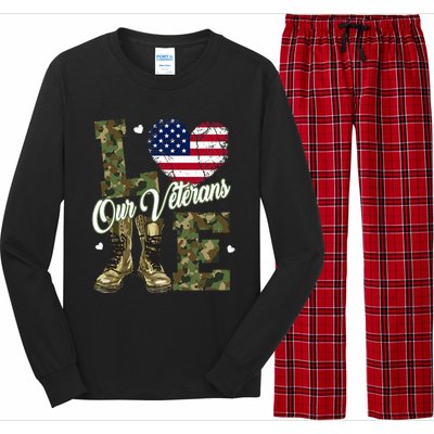 Love Our Veterans Heart USA Flag Camouflage Army Boots Proud Long Sleeve Pajama Set