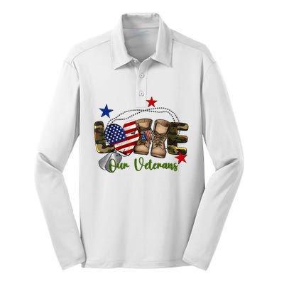 Love Our Veterans Day Proud Military American Flag Silk Touch Performance Long Sleeve Polo