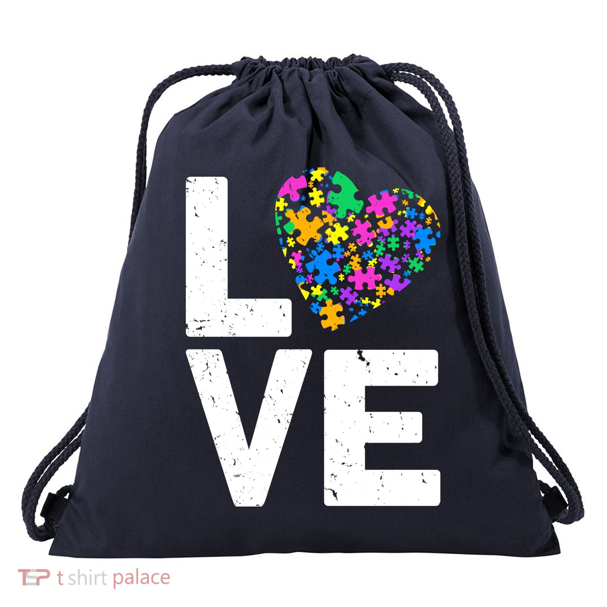 Love Autism Heart Drawstring Bag