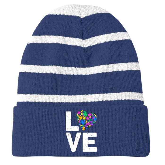 Love Autism Heart Striped Beanie with Solid Band