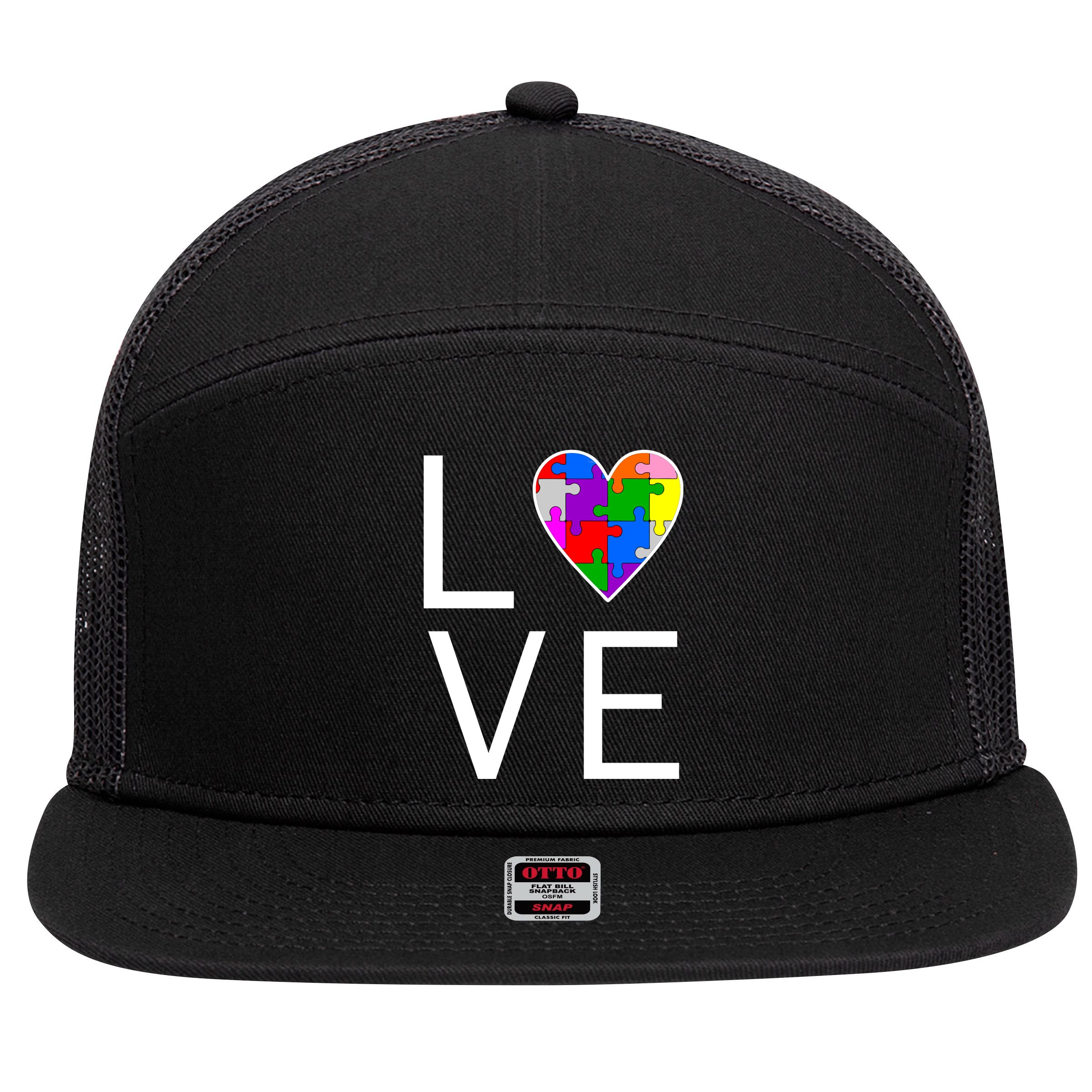 Love Autism Heart Puzzle Pieces 7 Panel Mesh Trucker Snapback Hat