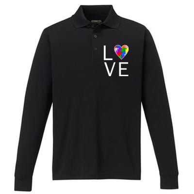 Love Autism Heart Puzzle Pieces Performance Long Sleeve Polo